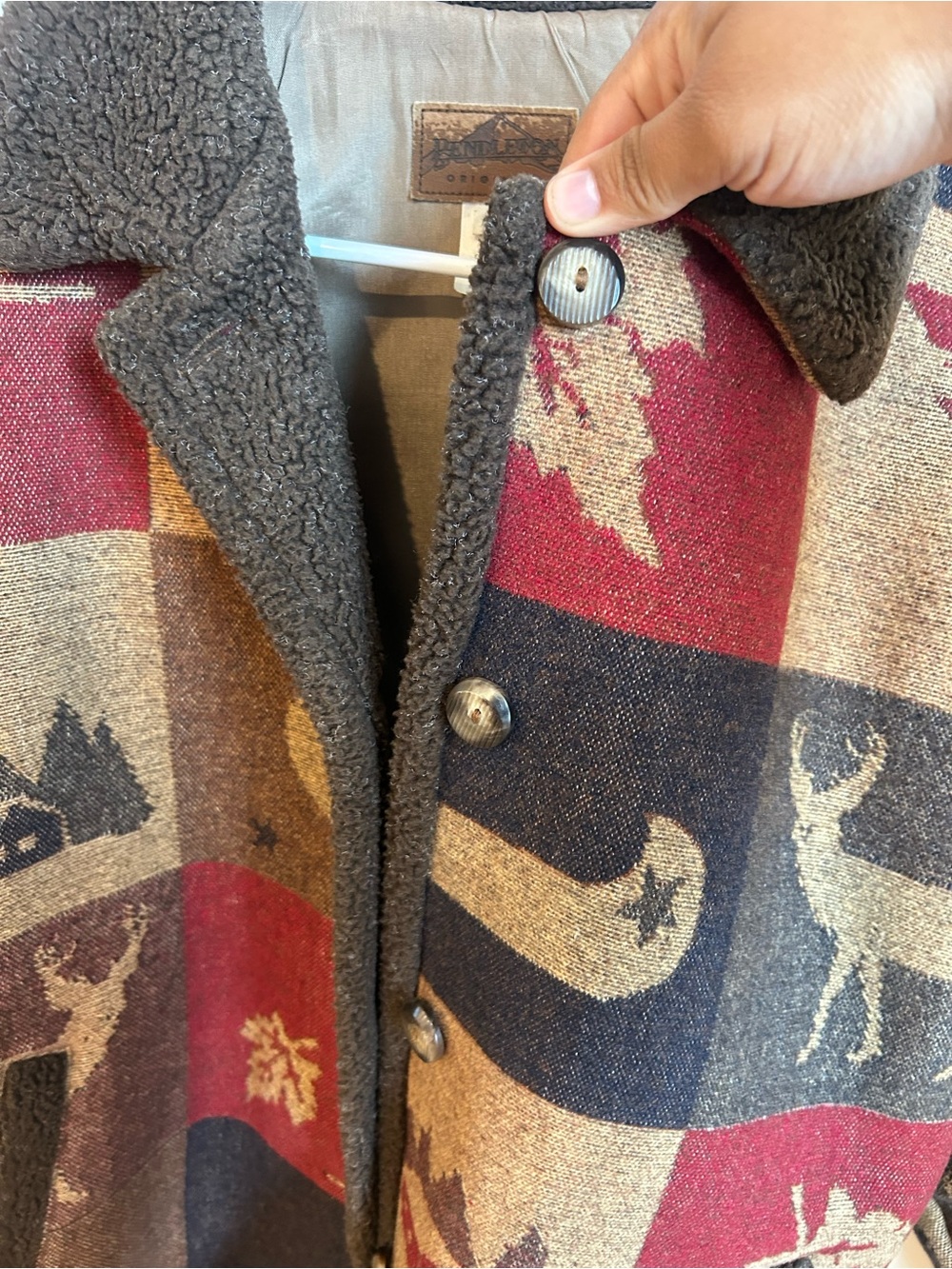 Vintage Pendleton Originals Wool Blanket Coat Fleece Trim Cabin Core Patchwork - Picture 4 of 7